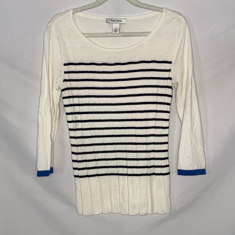 White House Black Market Striped 3/4 Sleeve Knit Top Blue Cuffs Size S EUC